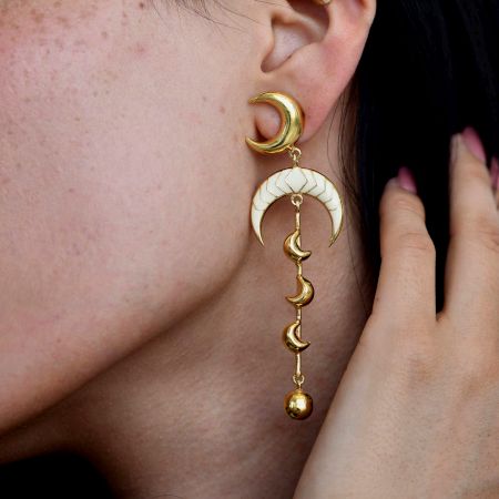 Crescent Moon Drop Earrings in 22K Gold-Plated Brass with Enamel Detailingâ€“ 3.1